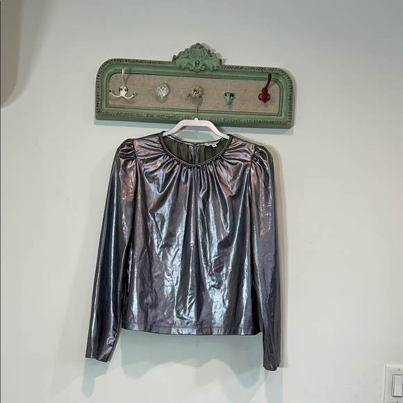 DEREK LAM 10 CROSBY Metallic Puff Sleeve Long Sleeve Top Silver Women's 40 M/L - Picture 1 of 10